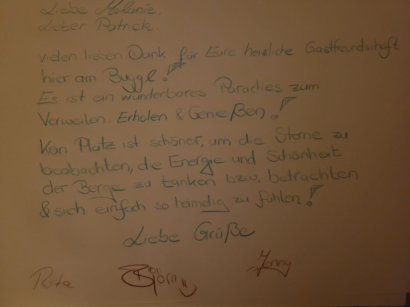 Handschriftlicher Gästebuch-Eintrag von Rita, B. & J.
